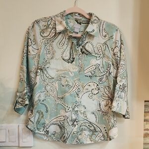 Chico's Linen Paisley Button Down Shirt - Green and White